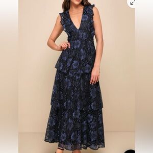 Elegant Blue Floral Lace Dress - Lulus